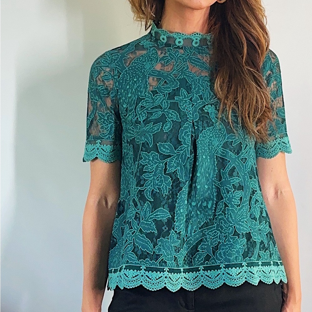 Anthropologie Paris Turquoise Lace Meadows Blouse by HD (size 0)